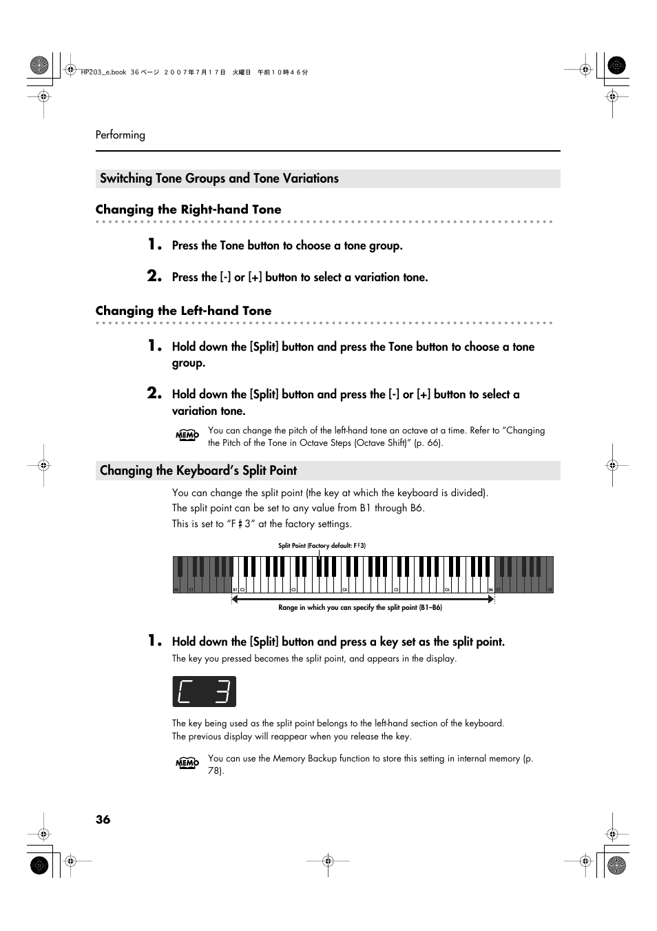 Switching tone groups and tone variations, Changing the keyboard’s split point | Roland HP203 User Manual | Page 38 / 108