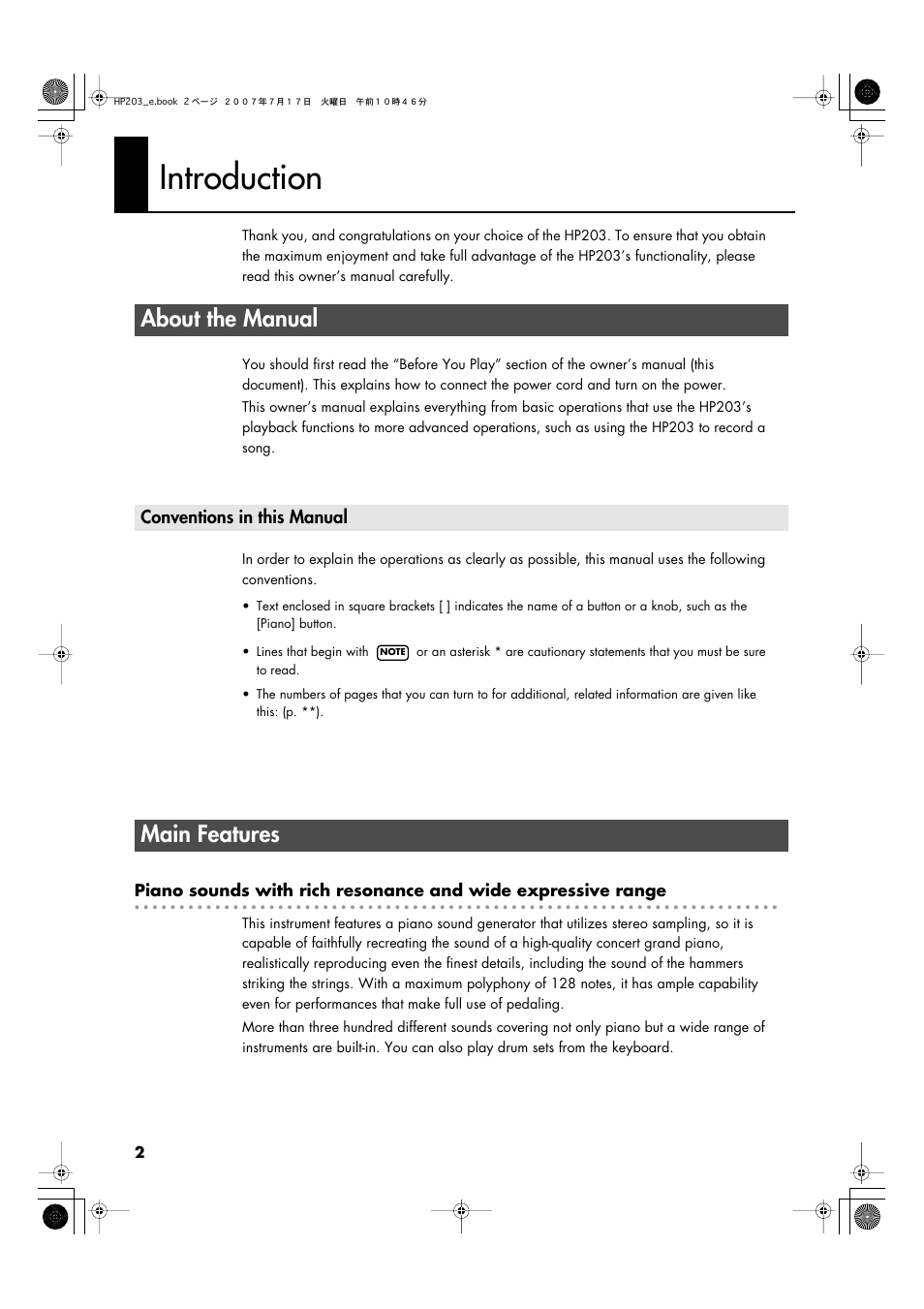 Introduction, About the manual, Conventions in this manual | Main features | Roland HP203 User Manual | Page 4 / 108