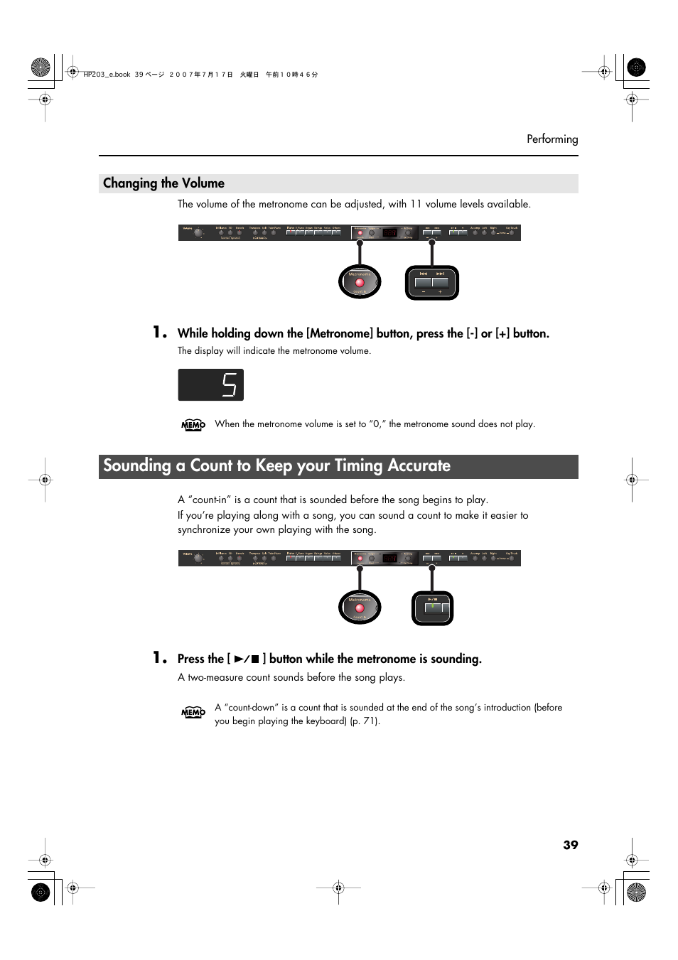 Changing the volume, Sounding a count to keep your timing accurate, Song (p. 39) | Roland HP203 User Manual | Page 41 / 108