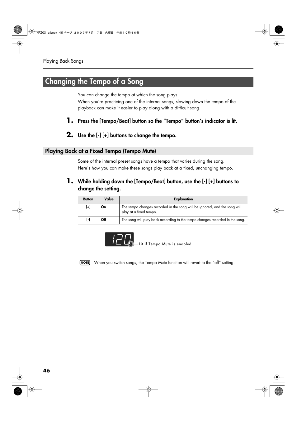 Changing the tempo of a song, Playing back at a fixed tempo (tempo mute), Tempo change (p. 46) | Roland HP203 User Manual | Page 48 / 108