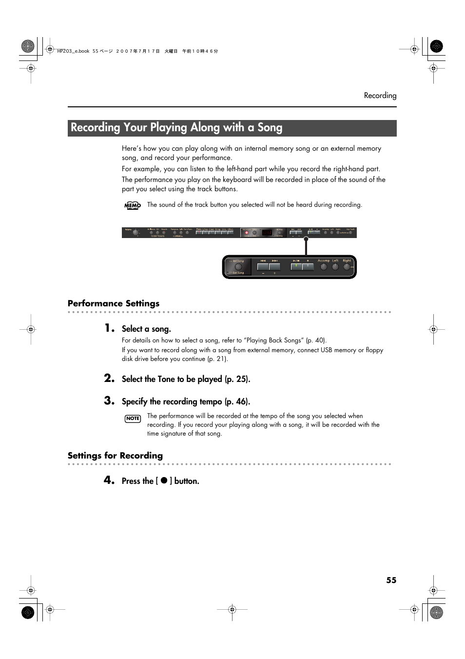 Recording your playing along with a song, Recording your playing along with a song” (p. 55) | Roland HP203 User Manual | Page 57 / 108