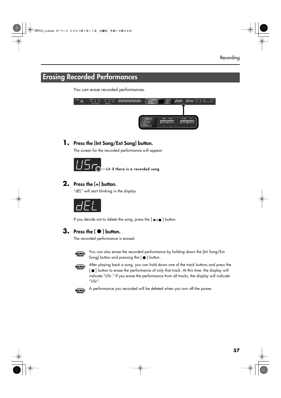 Erasing recorded performances | Roland HP203 User Manual | Page 59 / 108