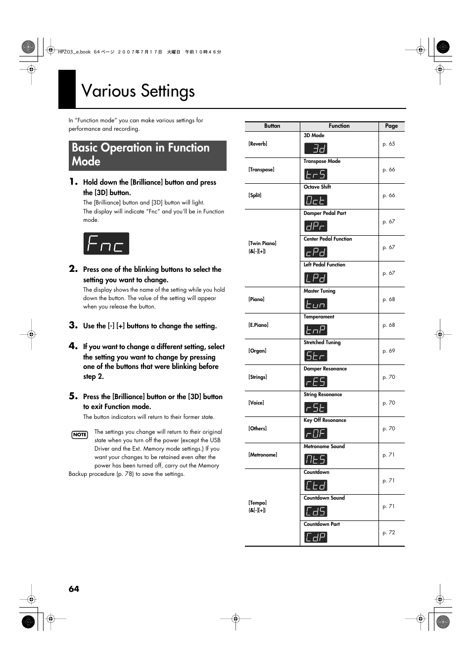 Various settings, Basic operation in function mode | Roland HP203 User Manual | Page 66 / 108