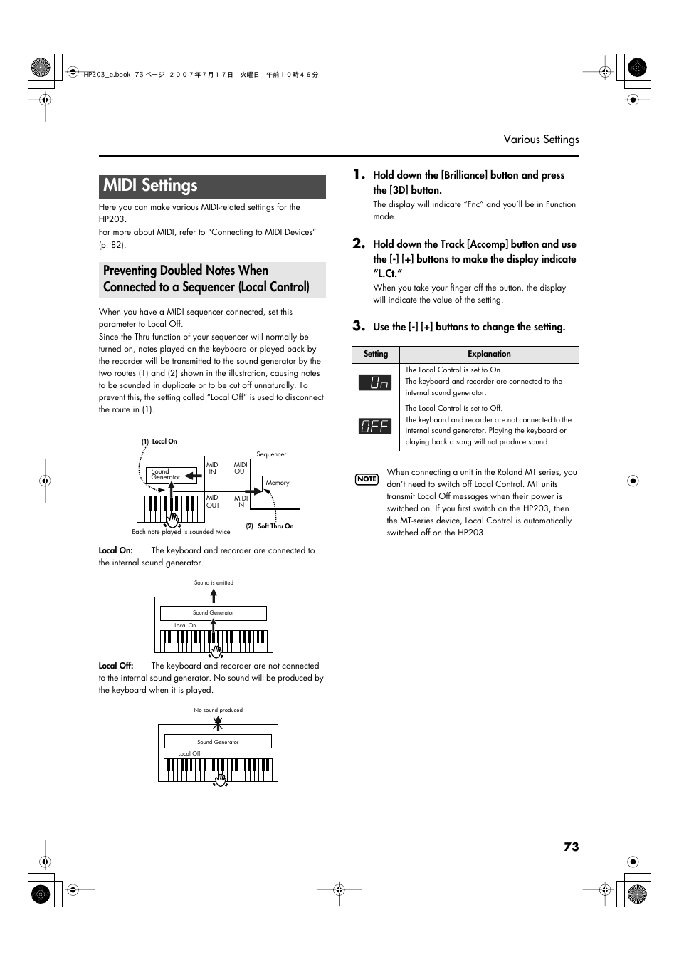 Midi settings, P. 73, 73 various settings | Roland HP203 User Manual | Page 75 / 108