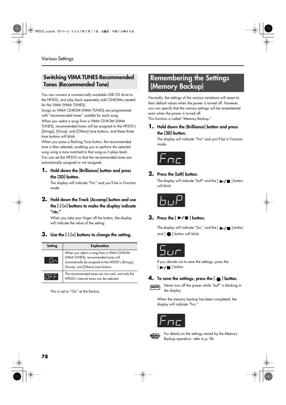 Remembering the settings (memory backup), Backup procedure (p. 78) to save the settings, P. 78 | Roland HP203 User Manual | Page 80 / 108