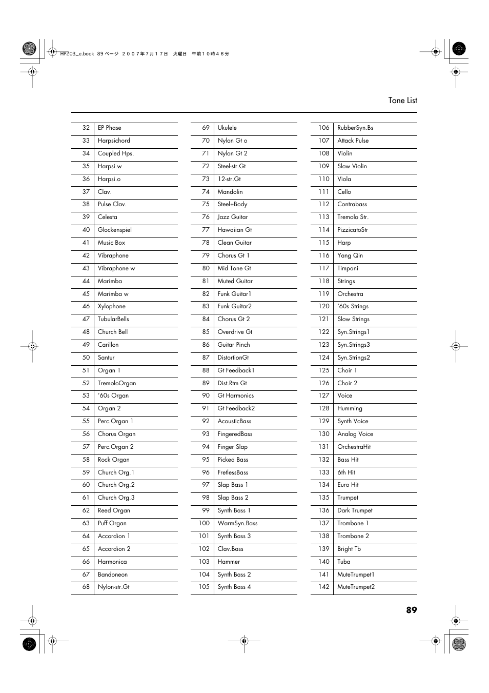 89 tone list | Roland HP203 User Manual | Page 91 / 108