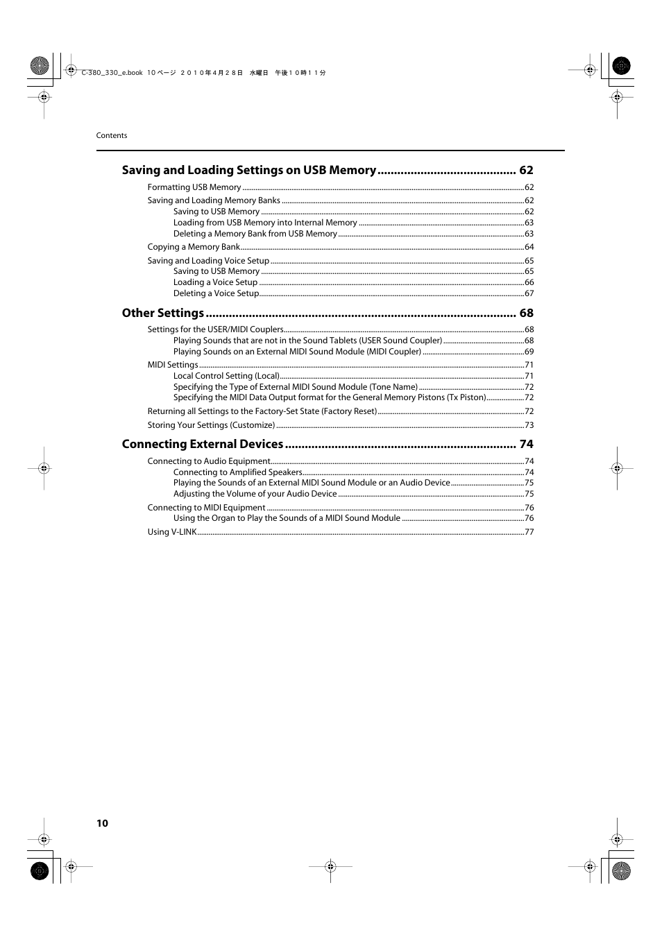 Other settings, Connecting external devices | Roland Classic Organ C-380 User Manual | Page 10 / 96