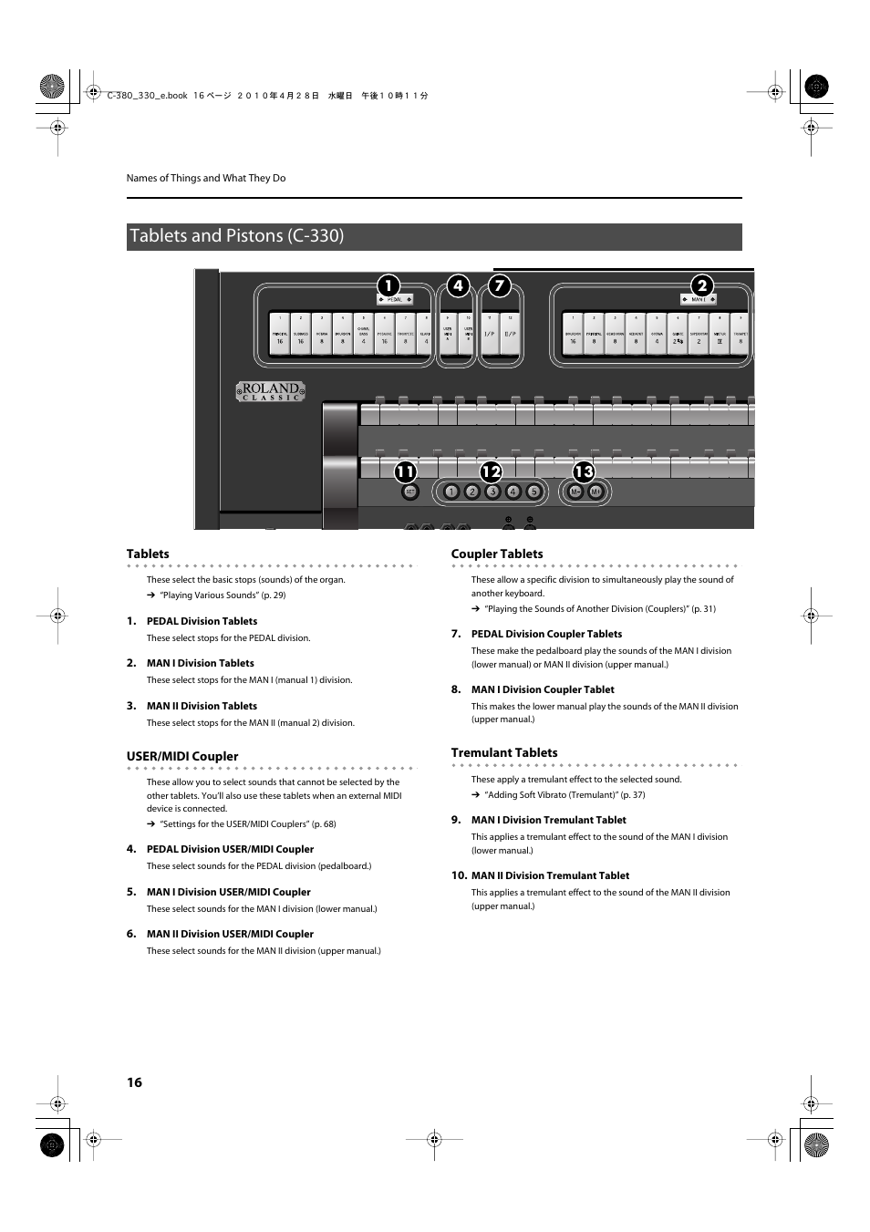 Tablets and pistons (c330), Tablets and pistons (c-330) | Roland Classic Organ C-380 User Manual | Page 16 / 96