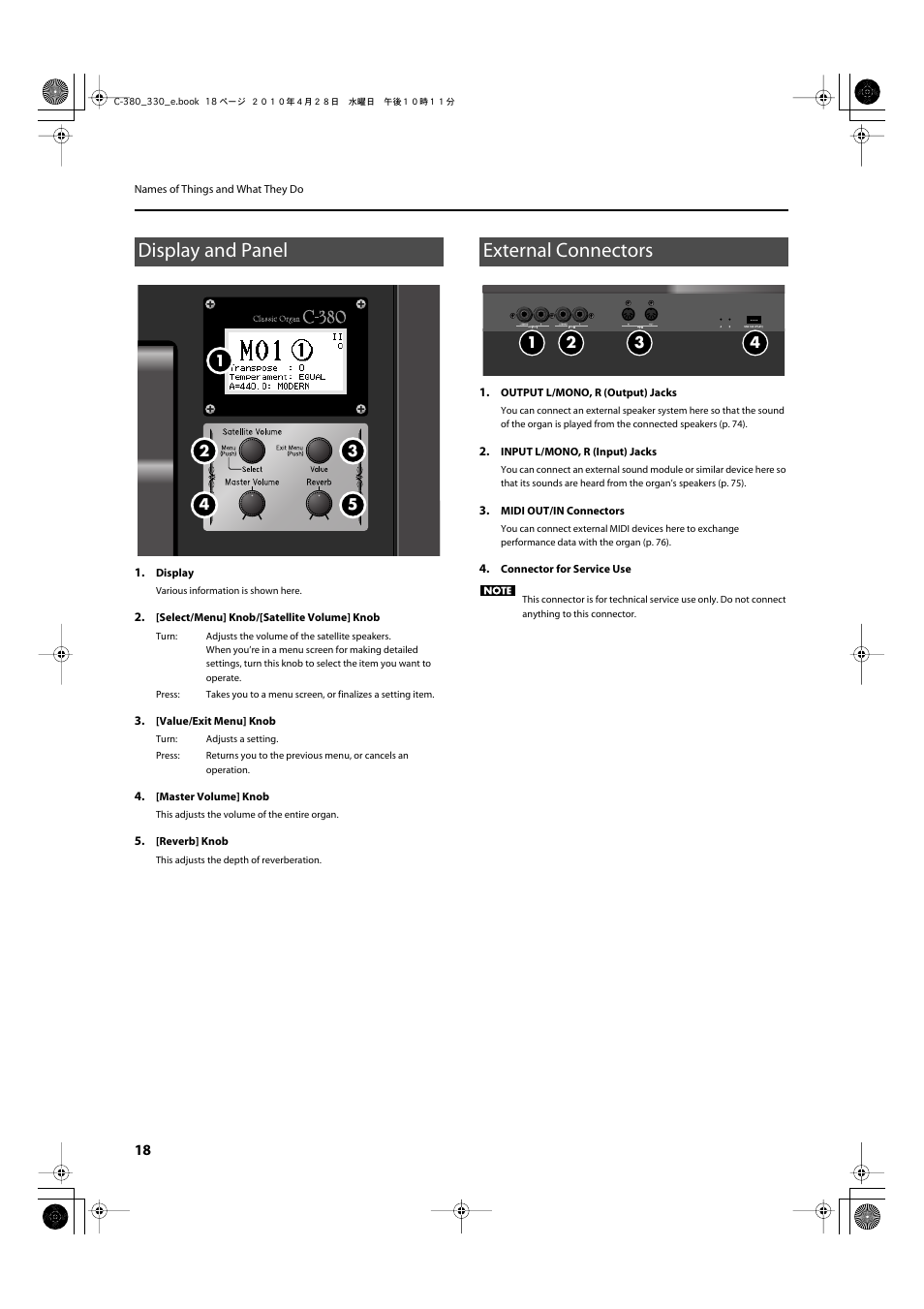 Display and panel, External connectors | Roland Classic Organ C-380 User Manual | Page 18 / 96