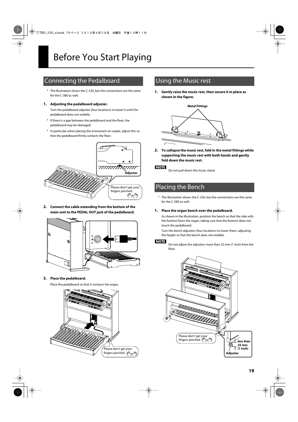 Before you start playing, Connecting the pedalboard, Using the music rest | Placing the bench, Using the music rest placing the bench | Roland Classic Organ C-380 User Manual | Page 19 / 96