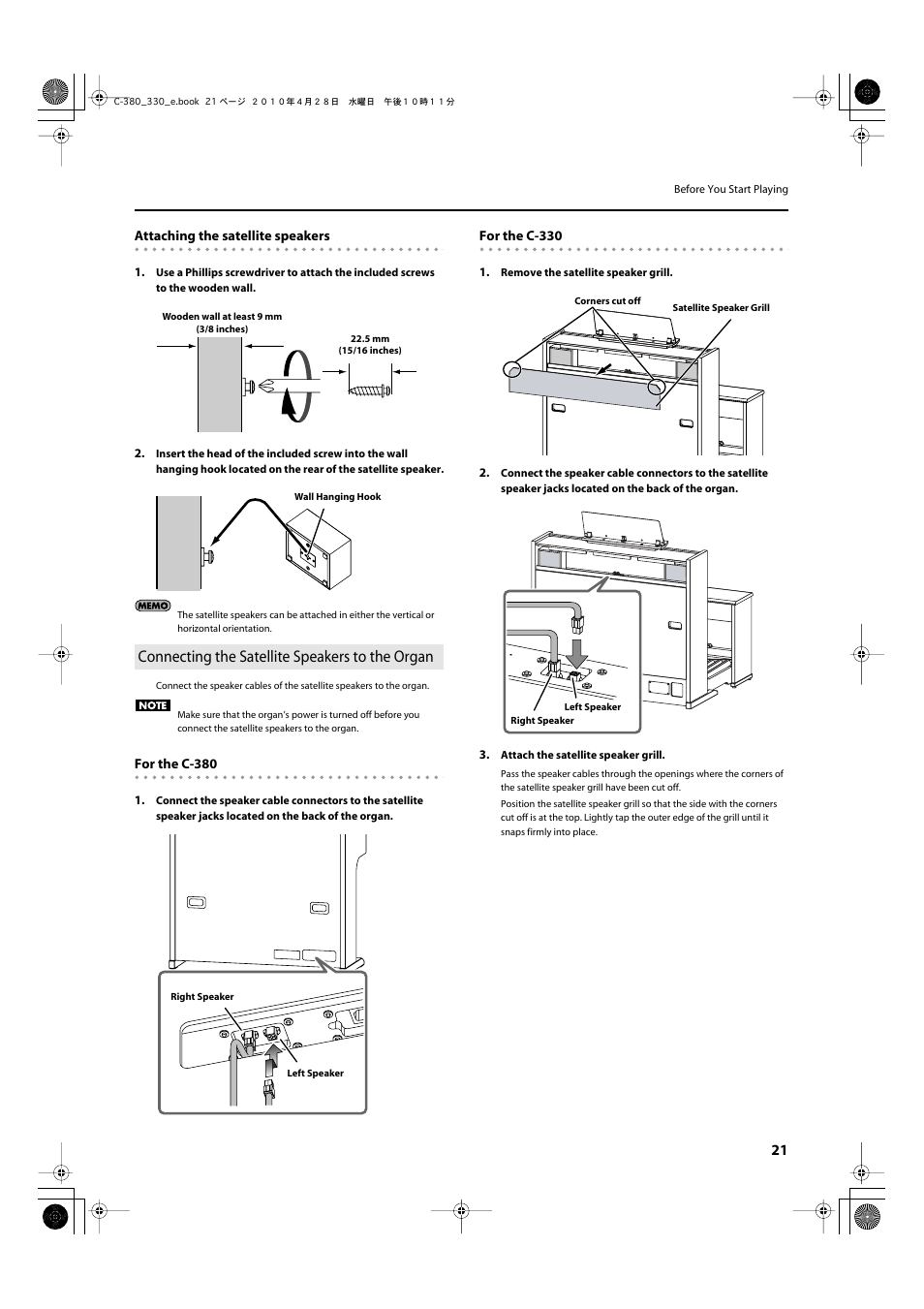 Connecting the satellite speakers to the organ | Roland Classic Organ C-380 User Manual | Page 21 / 96