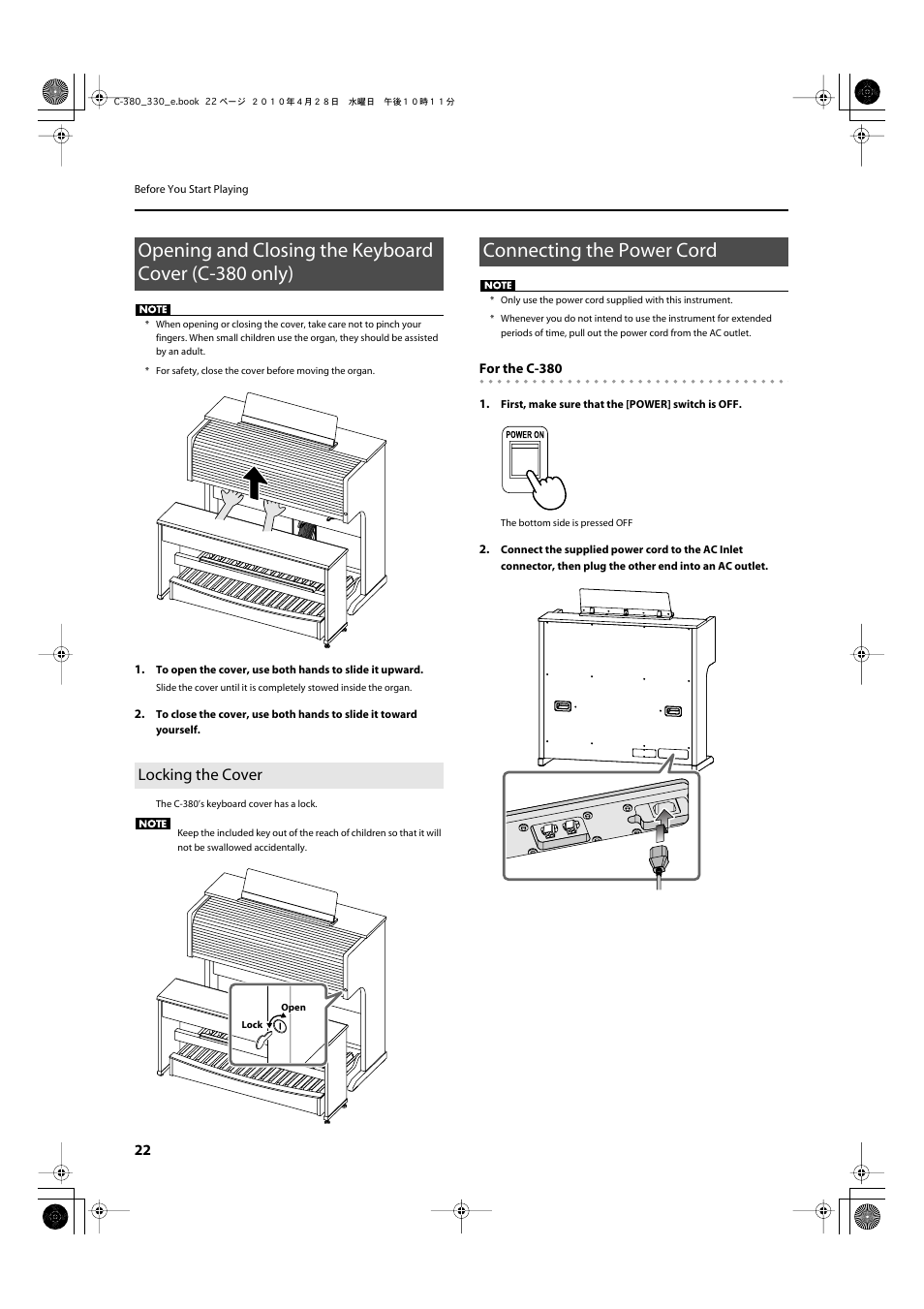 Locking the cover, Connecting the power cord | Roland Classic Organ C-380 User Manual | Page 22 / 96