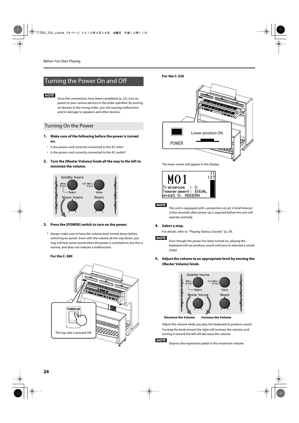 Turning the power on and off, Turning on the power | Roland Classic Organ C-380 User Manual | Page 24 / 96