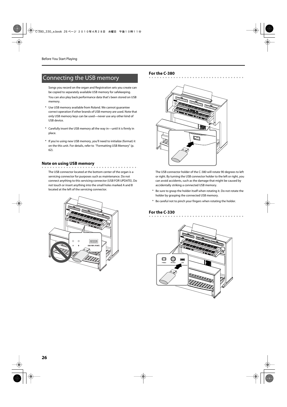 Connecting the usb memory | Roland Classic Organ C-380 User Manual | Page 26 / 96