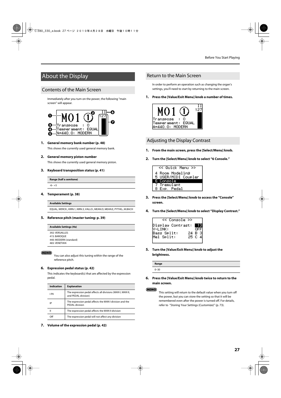 About the display, Contents of the main screen, Return to the main screen | Adjusting the display contrast | Roland Classic Organ C-380 User Manual | Page 27 / 96