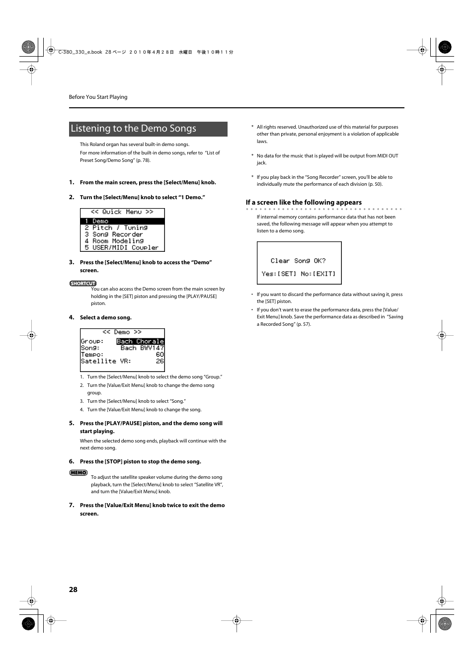 Listening to the demo songs | Roland Classic Organ C-380 User Manual | Page 28 / 96