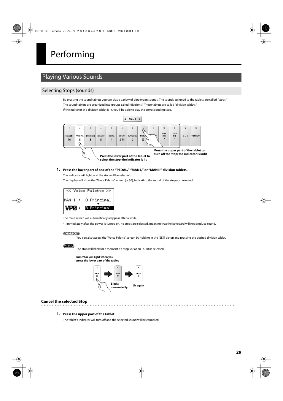 Performing, Playing various sounds, Selecting stops (sounds) | Playing various sounds” (p. 29) | Roland Classic Organ C-380 User Manual | Page 29 / 96