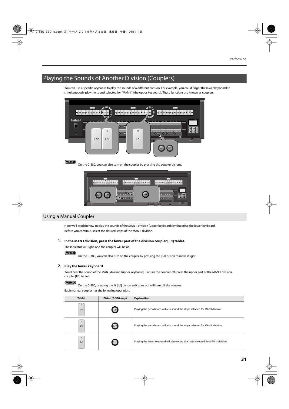 Playing the sounds of another division (couplers), Using a manual coupler | Roland Classic Organ C-380 User Manual | Page 31 / 96