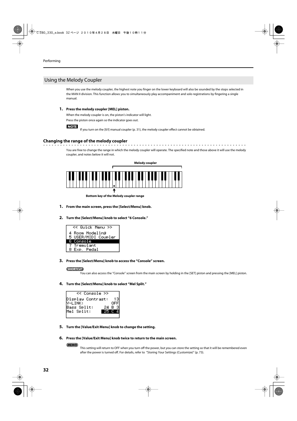 Using the melody coupler, Using the melody coupler” (p. 32) | Roland Classic Organ C-380 User Manual | Page 32 / 96