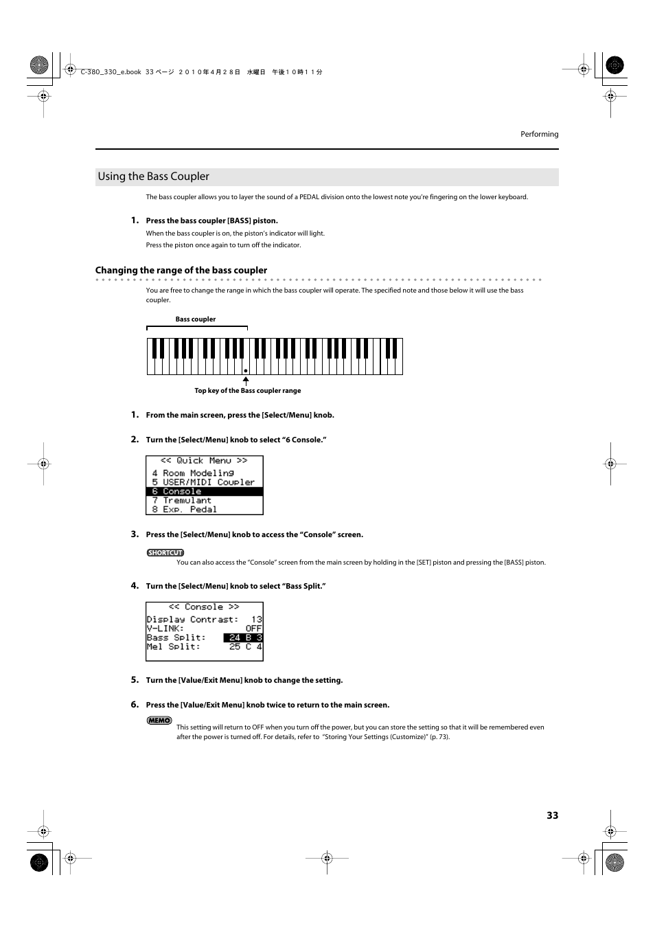 Using the bass coupler, Using the bass coupler” (p. 33) | Roland Classic Organ C-380 User Manual | Page 33 / 96