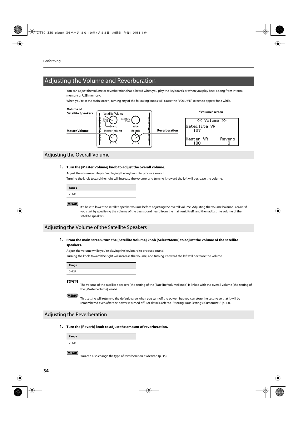 Adjusting the volume and reverberation, Adjusting the overall volume, Adjusting the volume of the satellite speakers | Adjusting the reverberation | Roland Classic Organ C-380 User Manual | Page 34 / 96