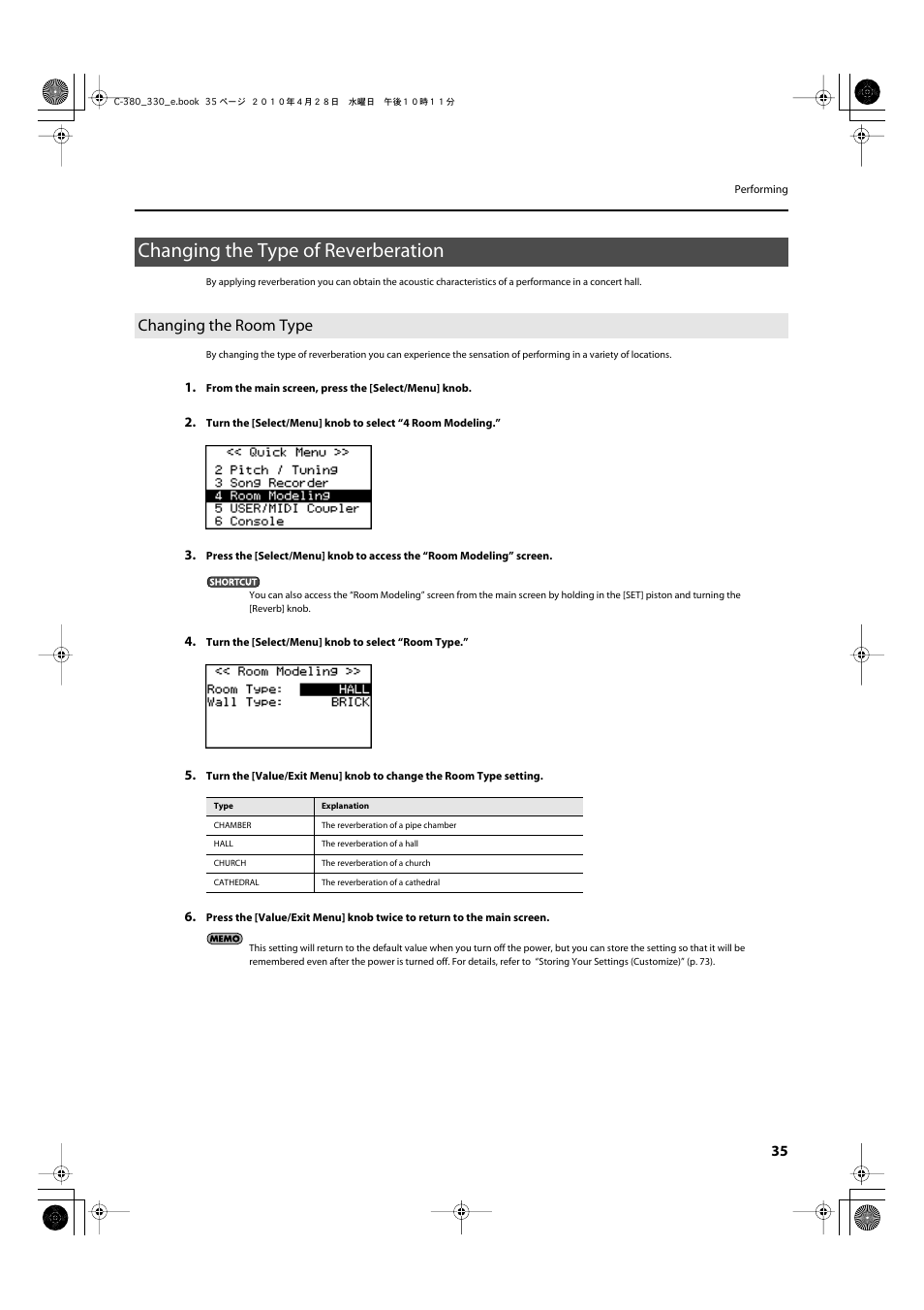 Changing the type of reverberation, Changing the room type | Roland Classic Organ C-380 User Manual | Page 35 / 96