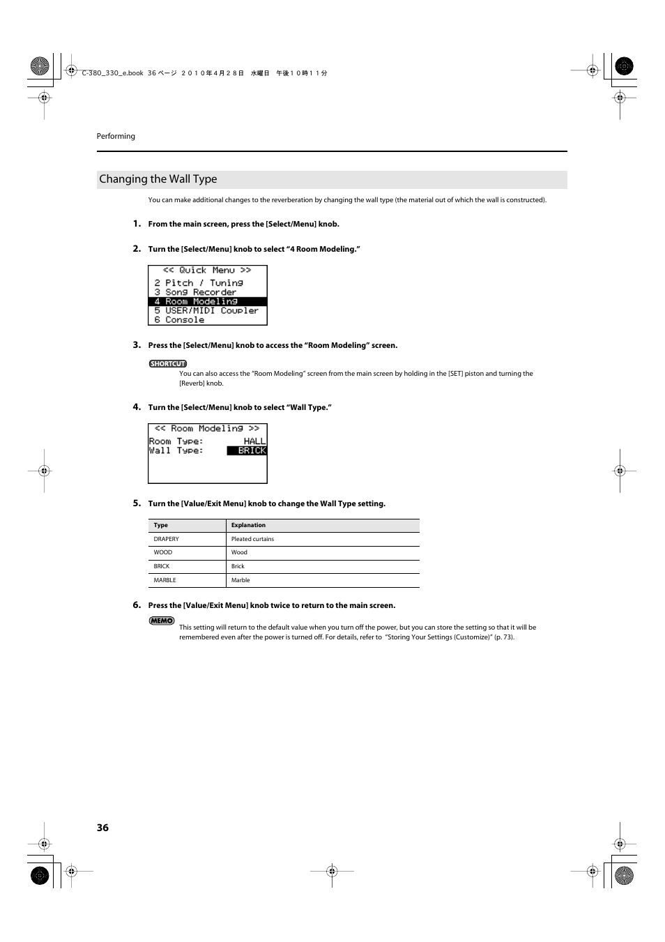 Changing the wall type | Roland Classic Organ C-380 User Manual | Page 36 / 96