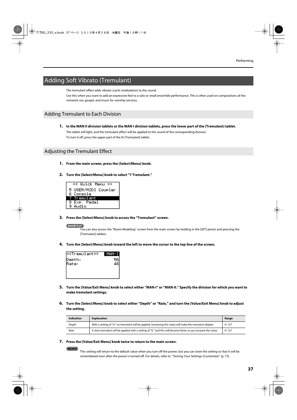 Adding soft vibrato (tremulant), Adding tremulant to each division, Adjusting the tremulant effect | Adding soft vibrato (tremulant)” (p. 37) | Roland Classic Organ C-380 User Manual | Page 37 / 96
