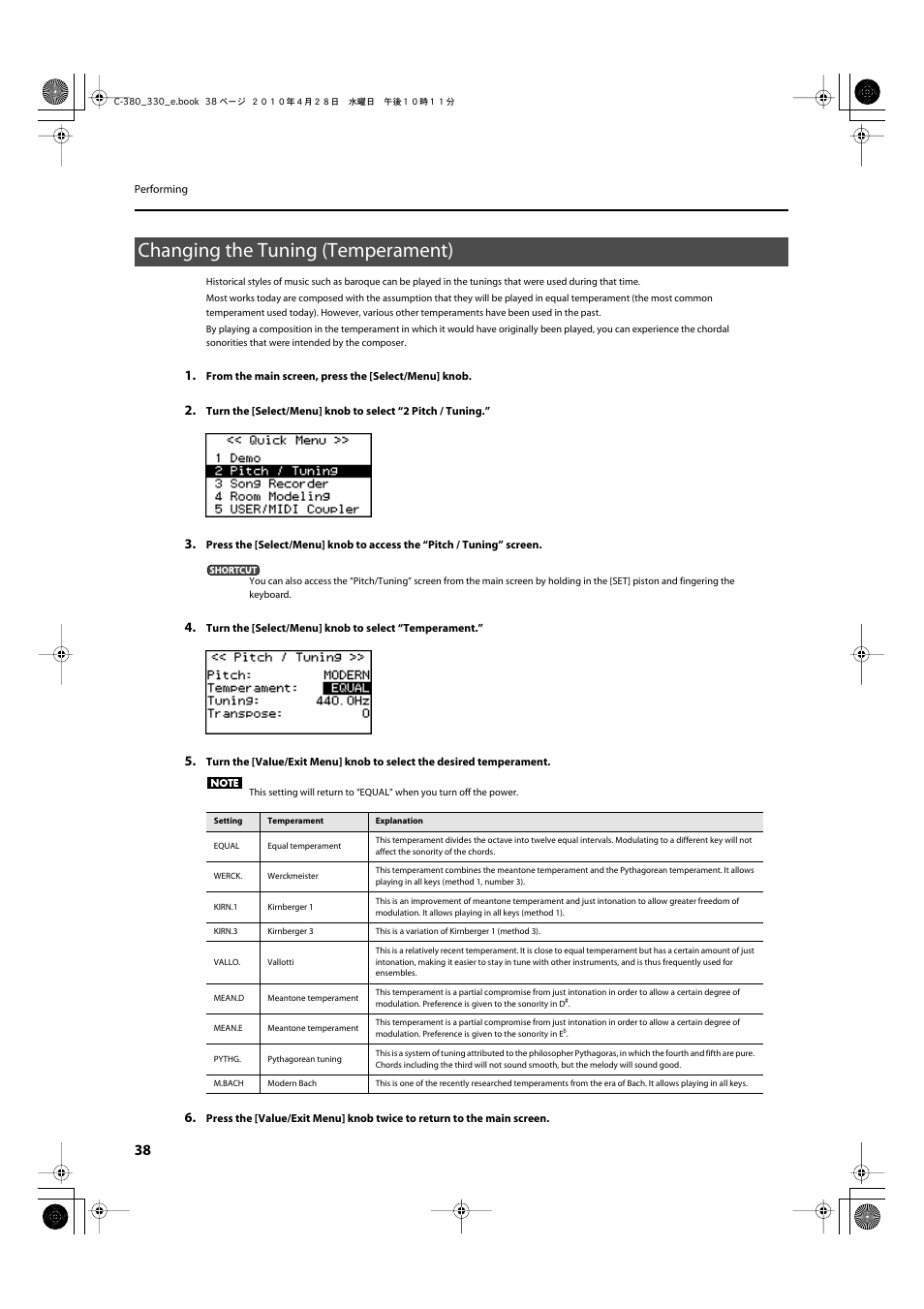 Changing the tuning (temperament), Temperament (p. 38) | Roland Classic Organ C-380 User Manual | Page 38 / 96