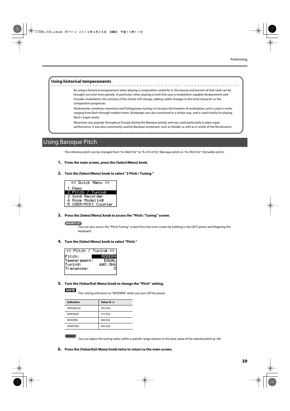 Using baroque pitch, Reference pitch (master tuning: p. 39) | Roland Classic Organ C-380 User Manual | Page 39 / 96