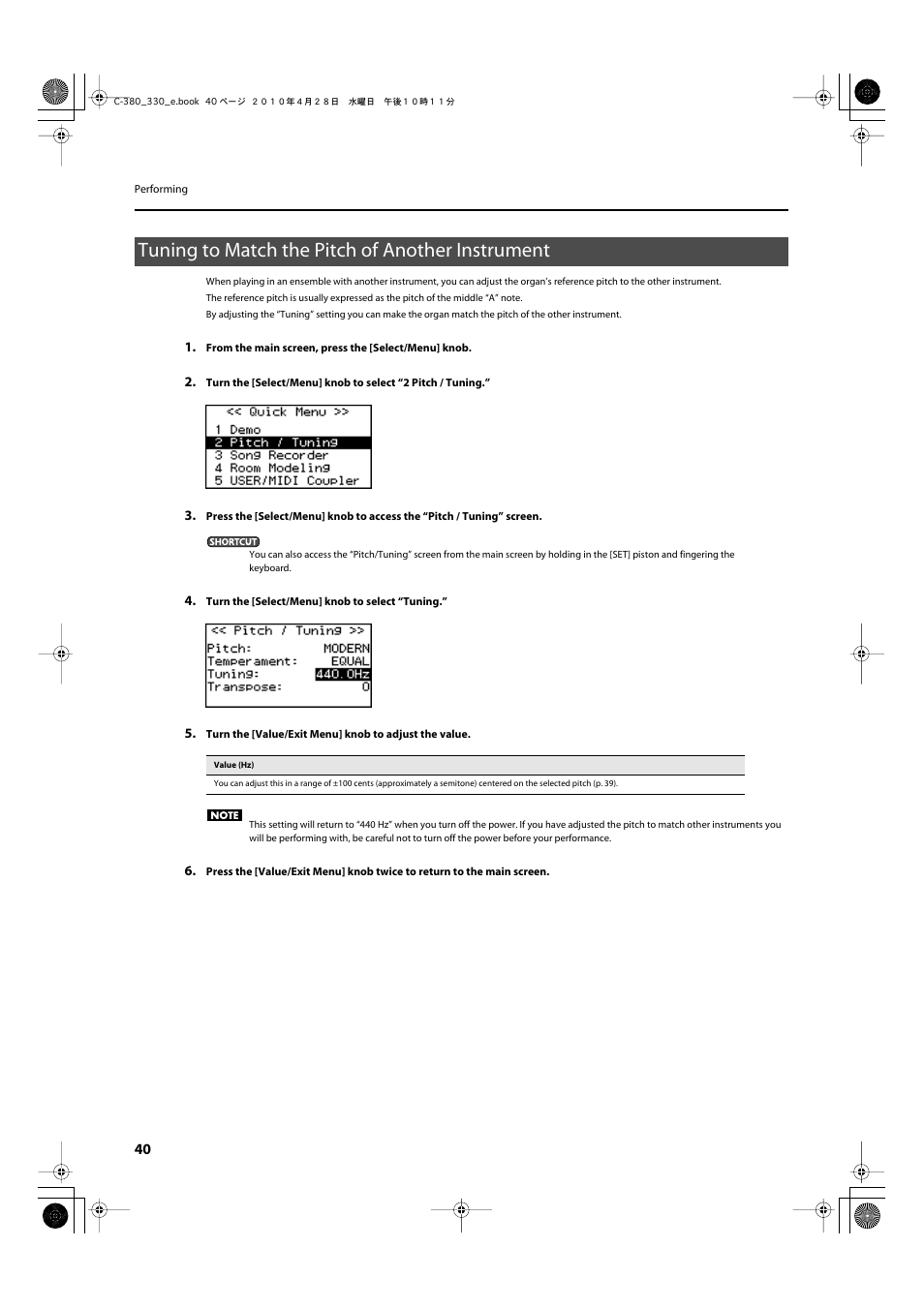 Tuning to match the pitch of another instrument | Roland Classic Organ C-380 User Manual | Page 40 / 96