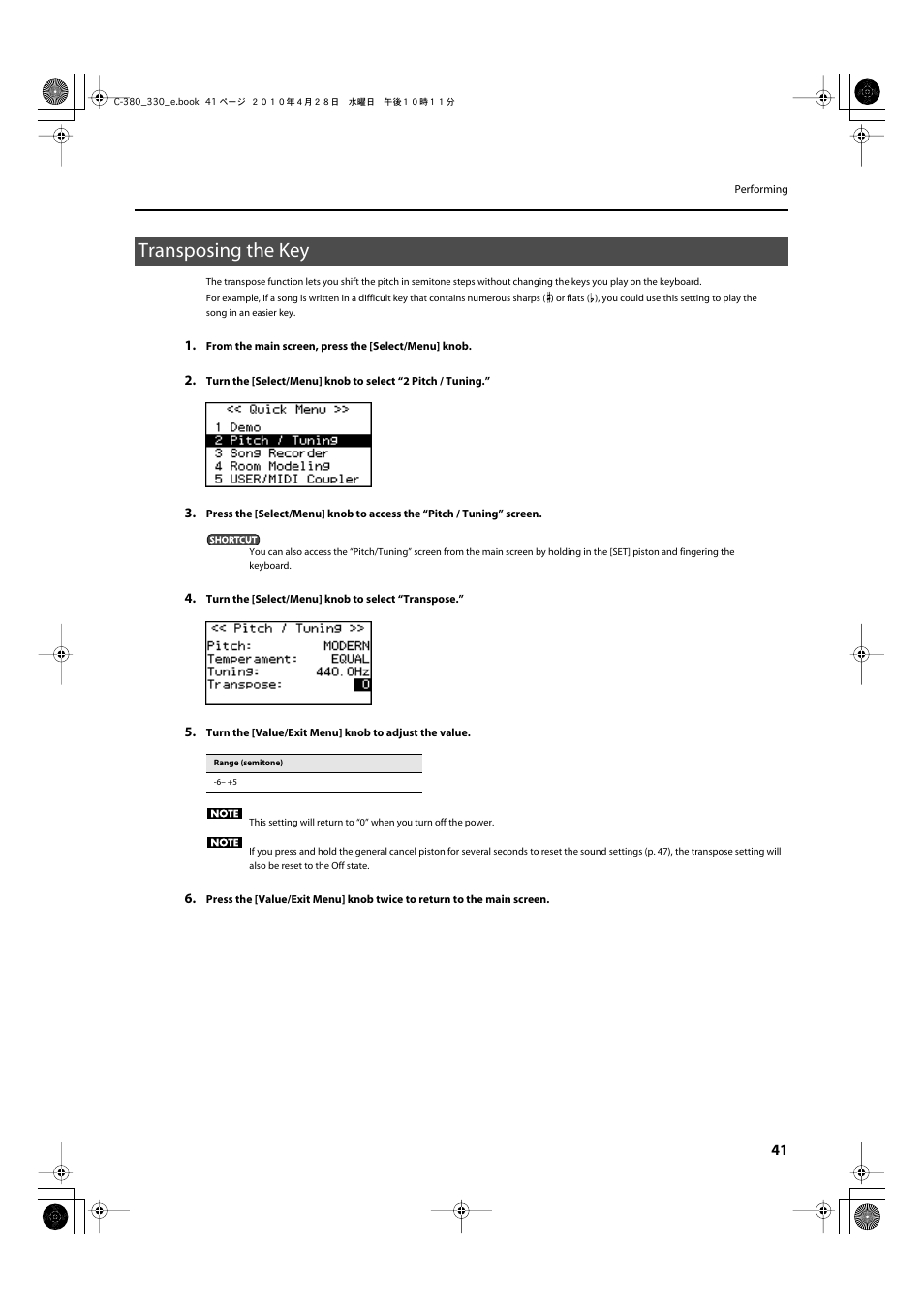 Transposing the key, Keyboard transposition status (p. 41) | Roland Classic Organ C-380 User Manual | Page 41 / 96