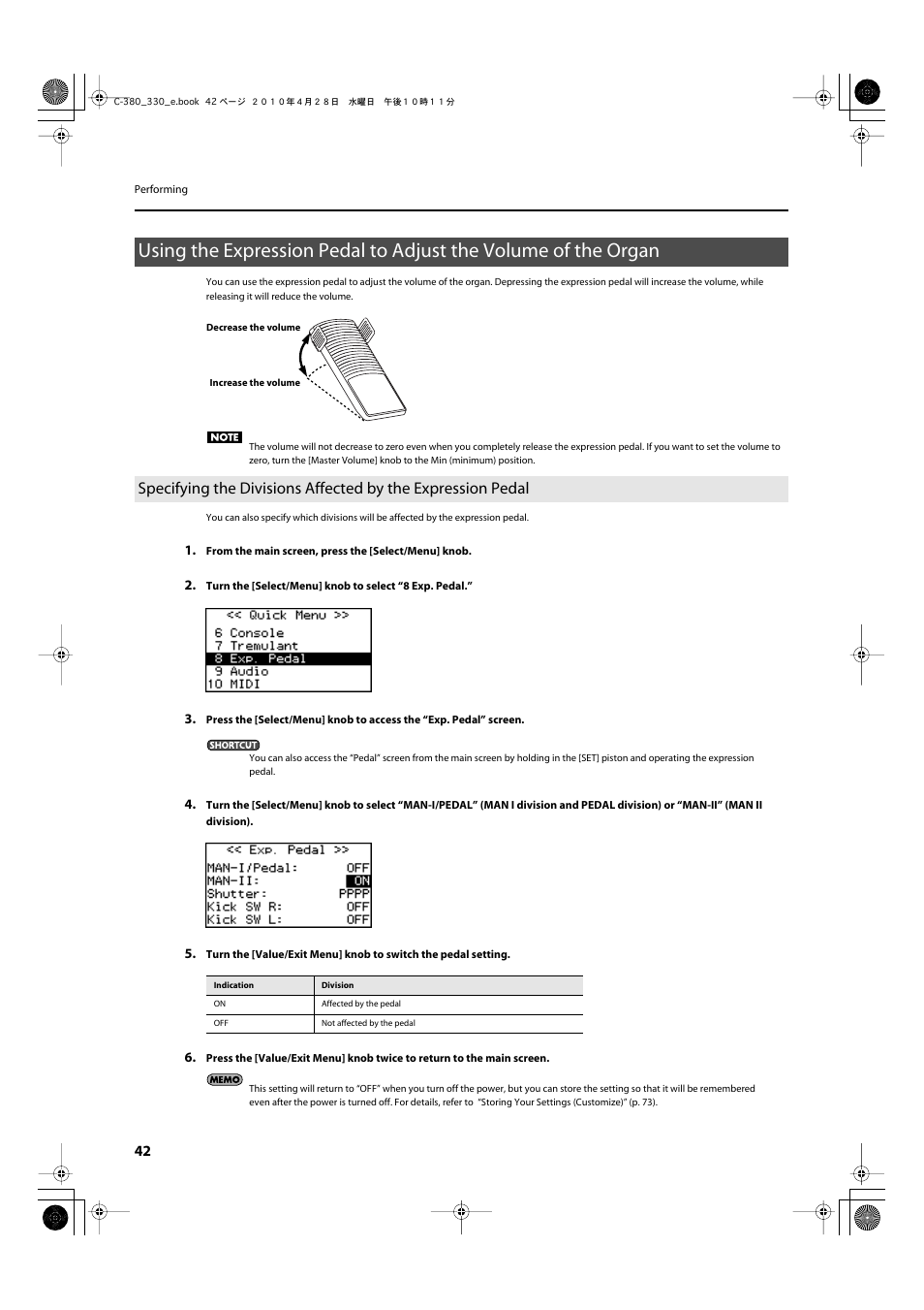 Expression pedal status (p. 42), Volume of the expression pedal (p. 42) | Roland Classic Organ C-380 User Manual | Page 42 / 96
