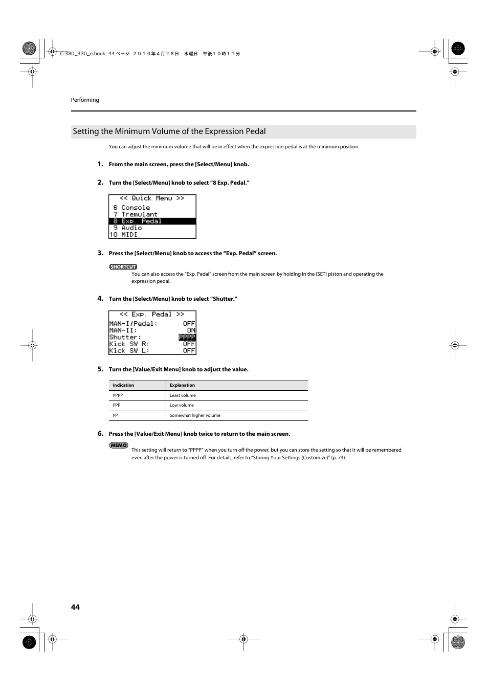 Setting the minimum volume of the expression pedal | Roland Classic Organ C-380 User Manual | Page 44 / 96