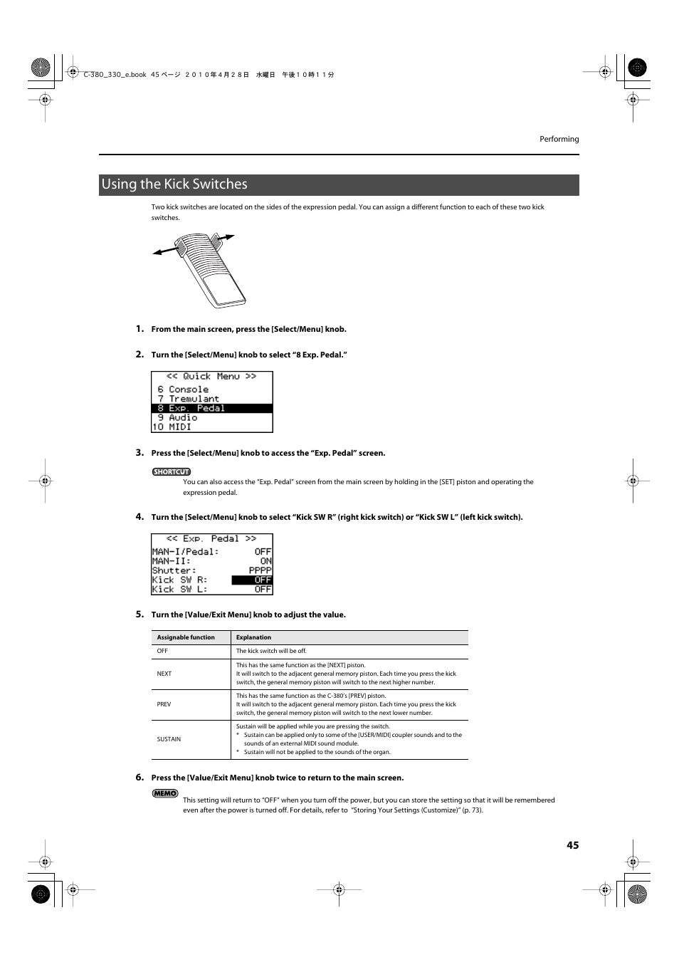 Using the kick switches | Roland Classic Organ C-380 User Manual | Page 45 / 96