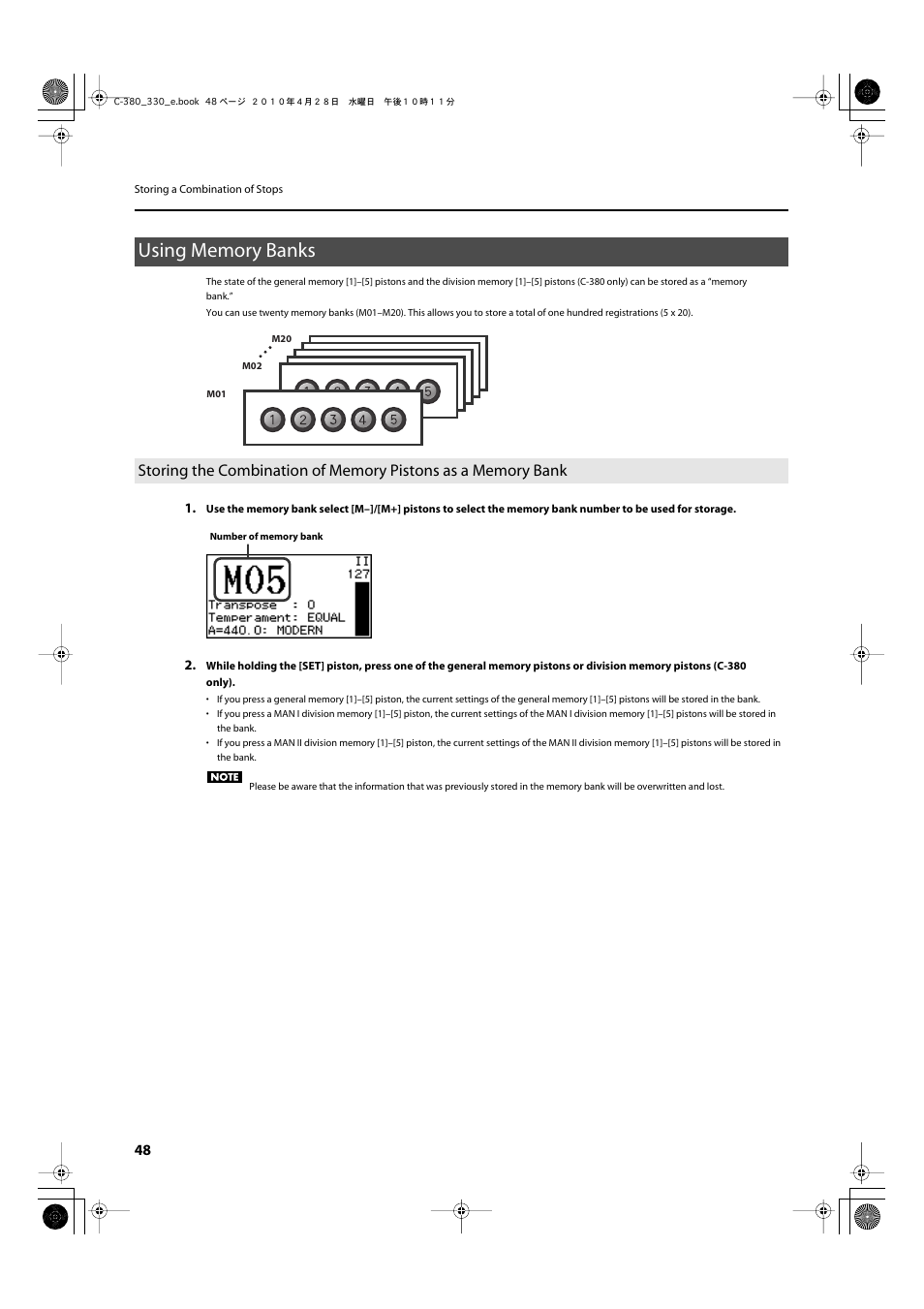 Using memory banks, General memory bank number (p. 48) | Roland Classic Organ C-380 User Manual | Page 48 / 96