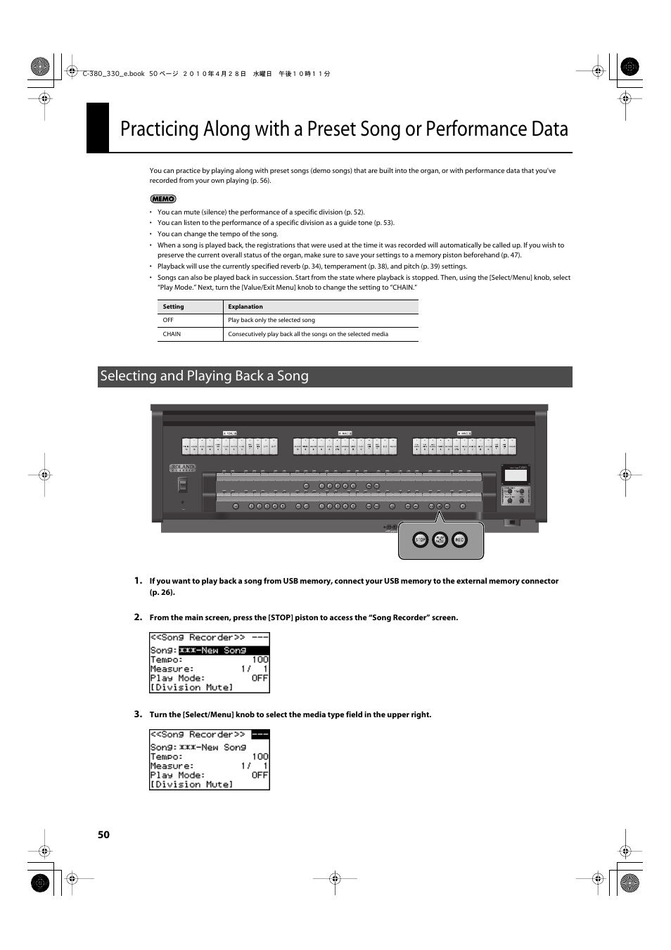 Selecting and playing back a song, P. 50) | Roland Classic Organ C-380 User Manual | Page 50 / 96