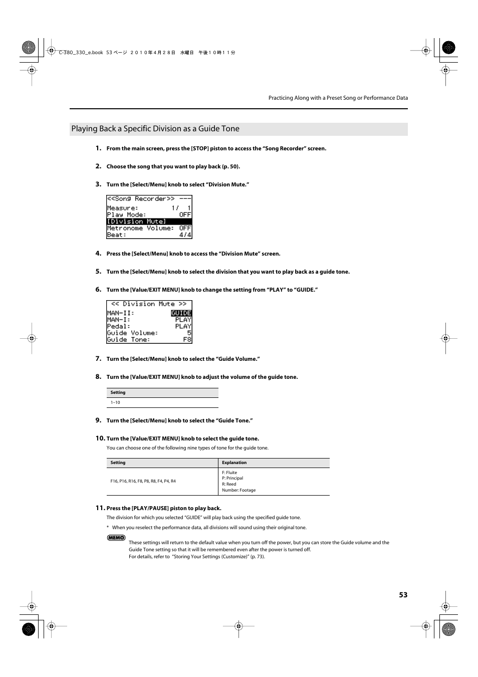 Playing back a specific division as a guide tone | Roland Classic Organ C-380 User Manual | Page 53 / 96