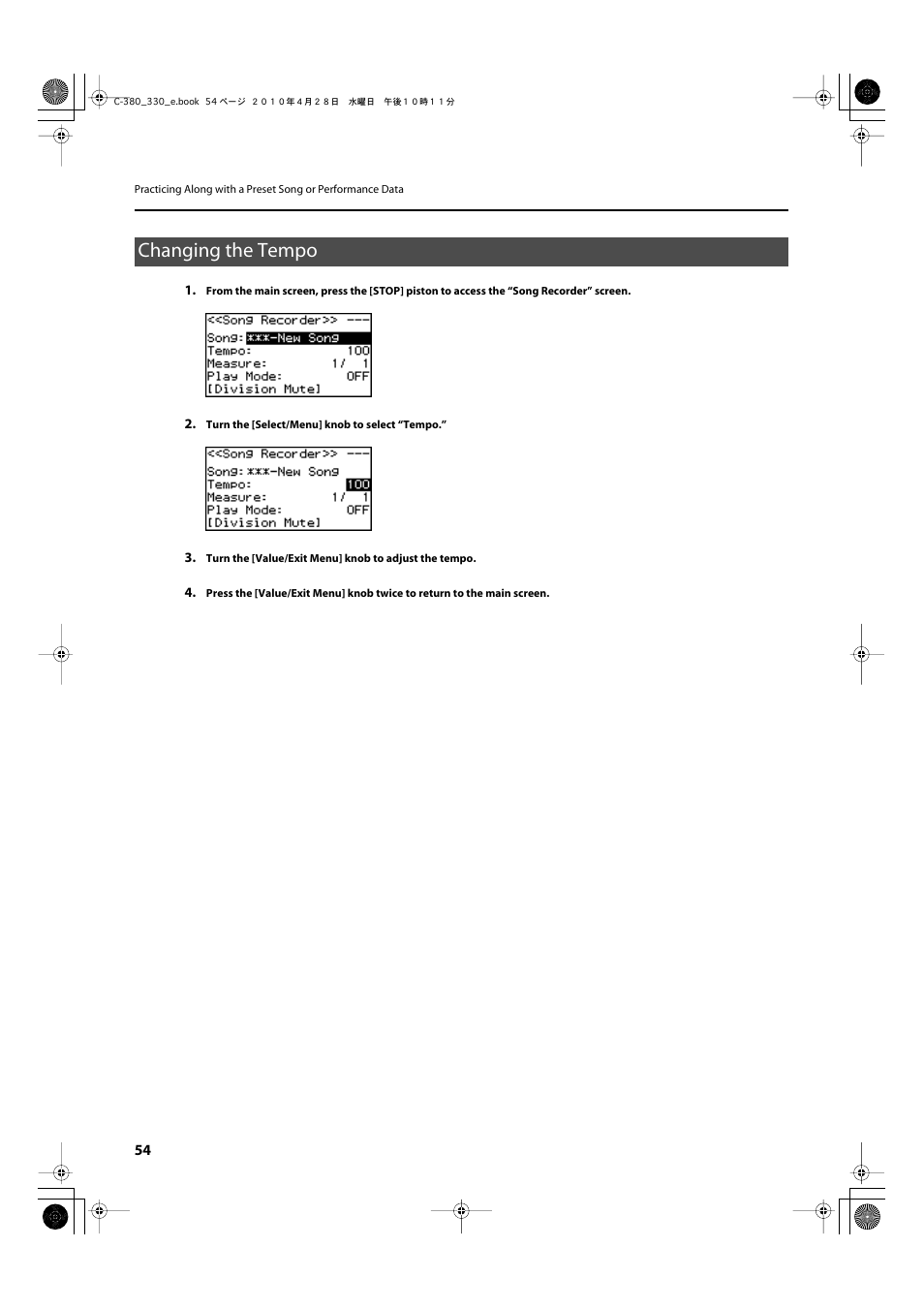 Changing the tempo | Roland Classic Organ C-380 User Manual | Page 54 / 96