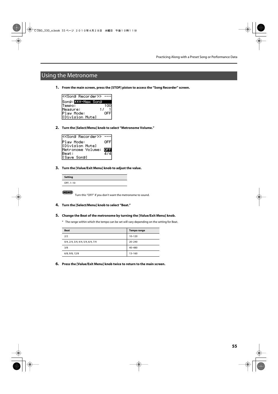 Using the metronome | Roland Classic Organ C-380 User Manual | Page 55 / 96