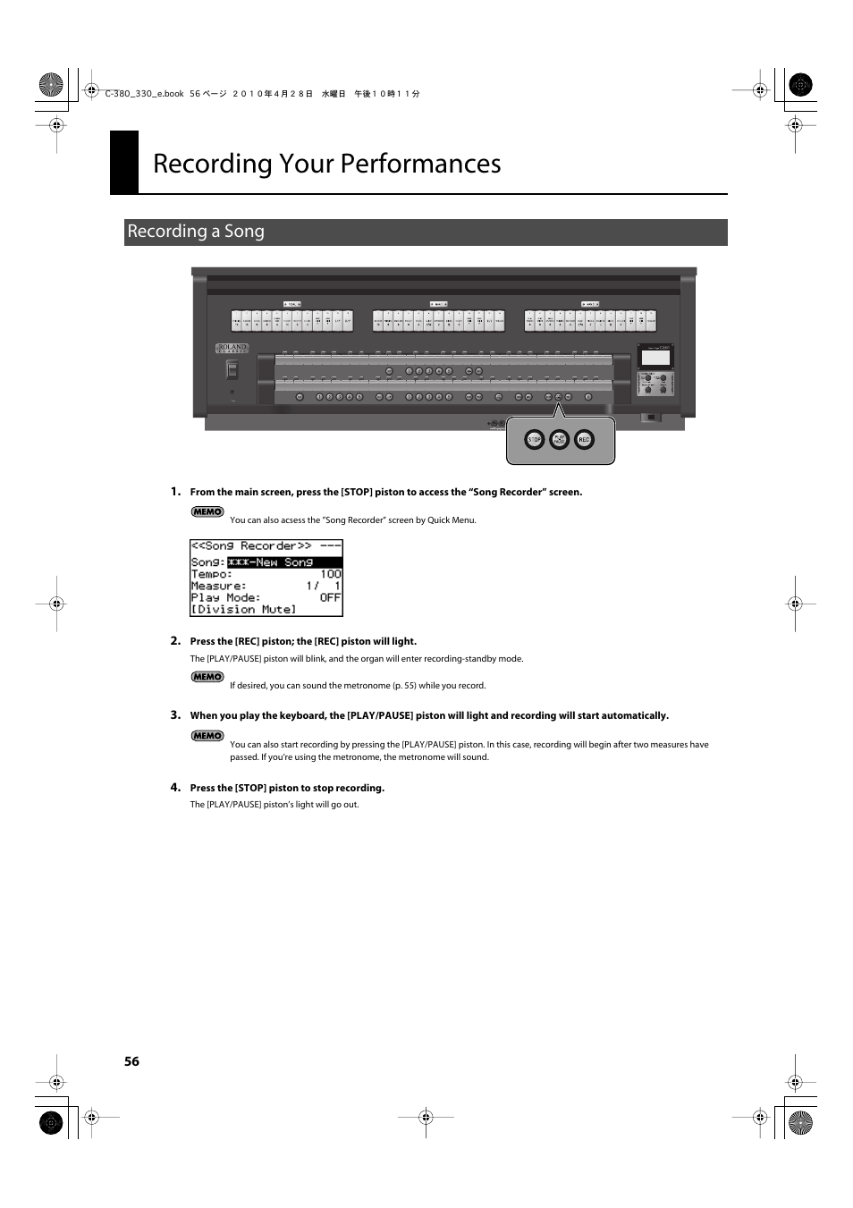 Recording your performances, Recording a song, Recording your performances” (p. 56) | Recorded from your own playing (p. 56) | Roland Classic Organ C-380 User Manual | Page 56 / 96