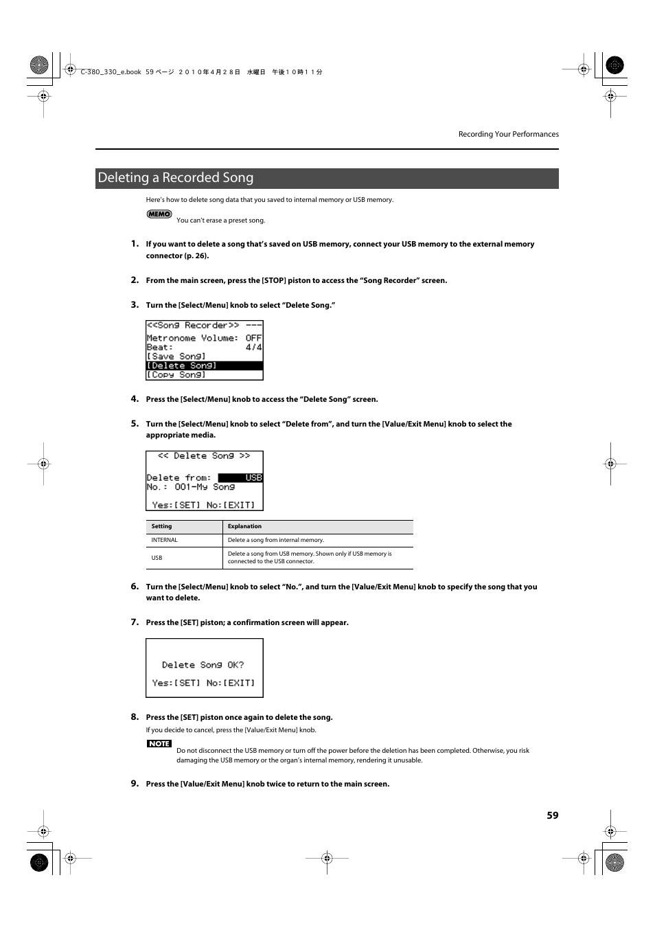 Deleting a recorded song | Roland Classic Organ C-380 User Manual | Page 59 / 96