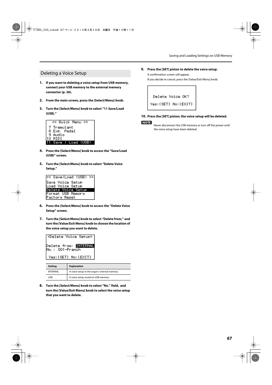 Deleting a voice setup | Roland Classic Organ C-380 User Manual | Page 67 / 96