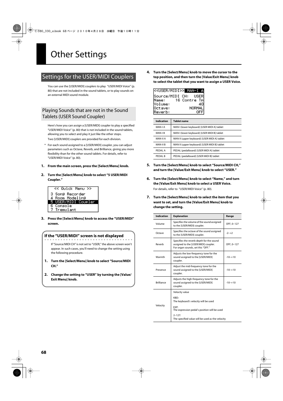 Other settings, Settings for the user/midi couplers, Settings for the user/midi couplers” (p. 68) | Ls, refer to | Roland Classic Organ C-380 User Manual | Page 68 / 96