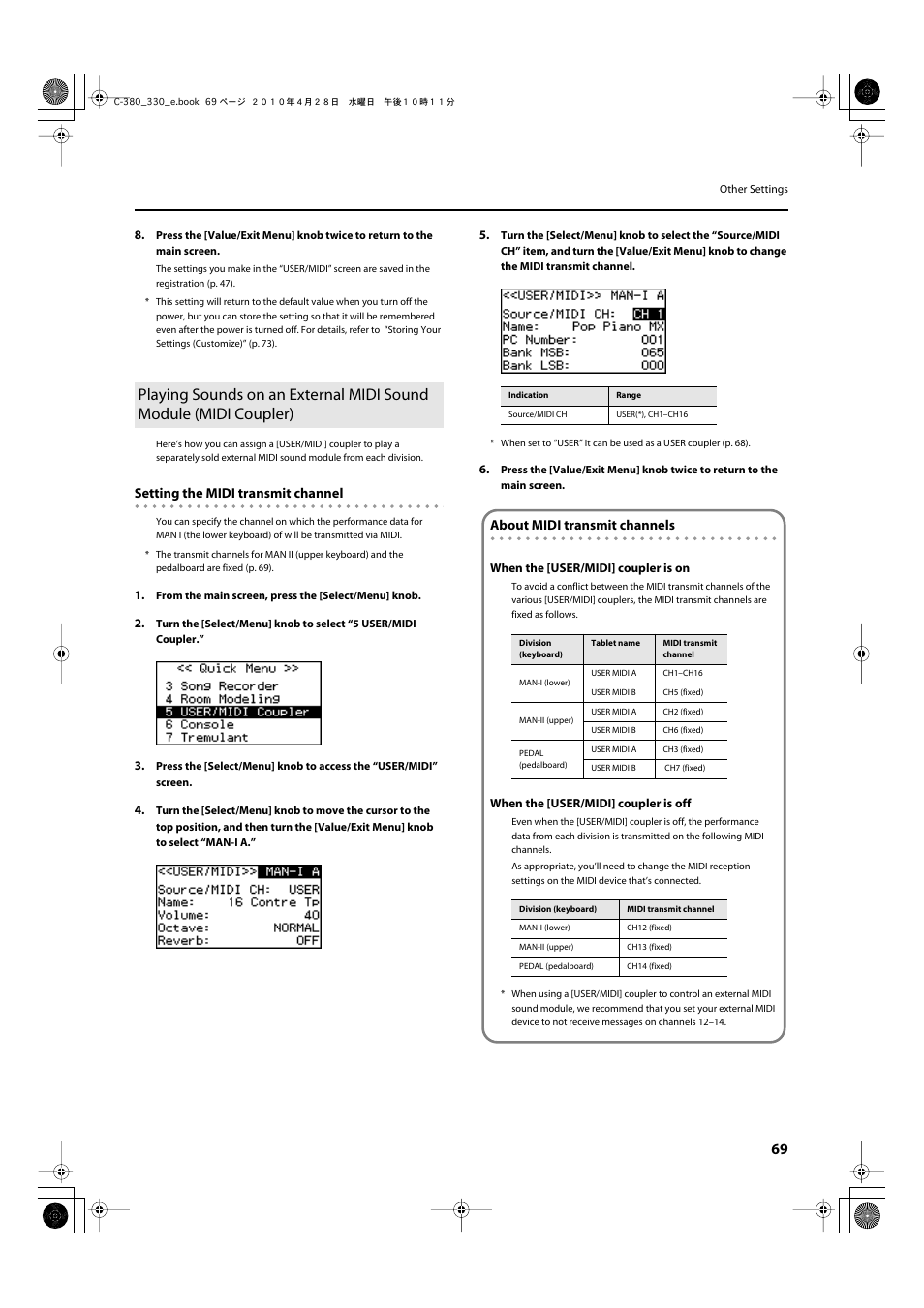 Setting the midi transmit channel, About midi transmit channels | Roland Classic Organ C-380 User Manual | Page 69 / 96