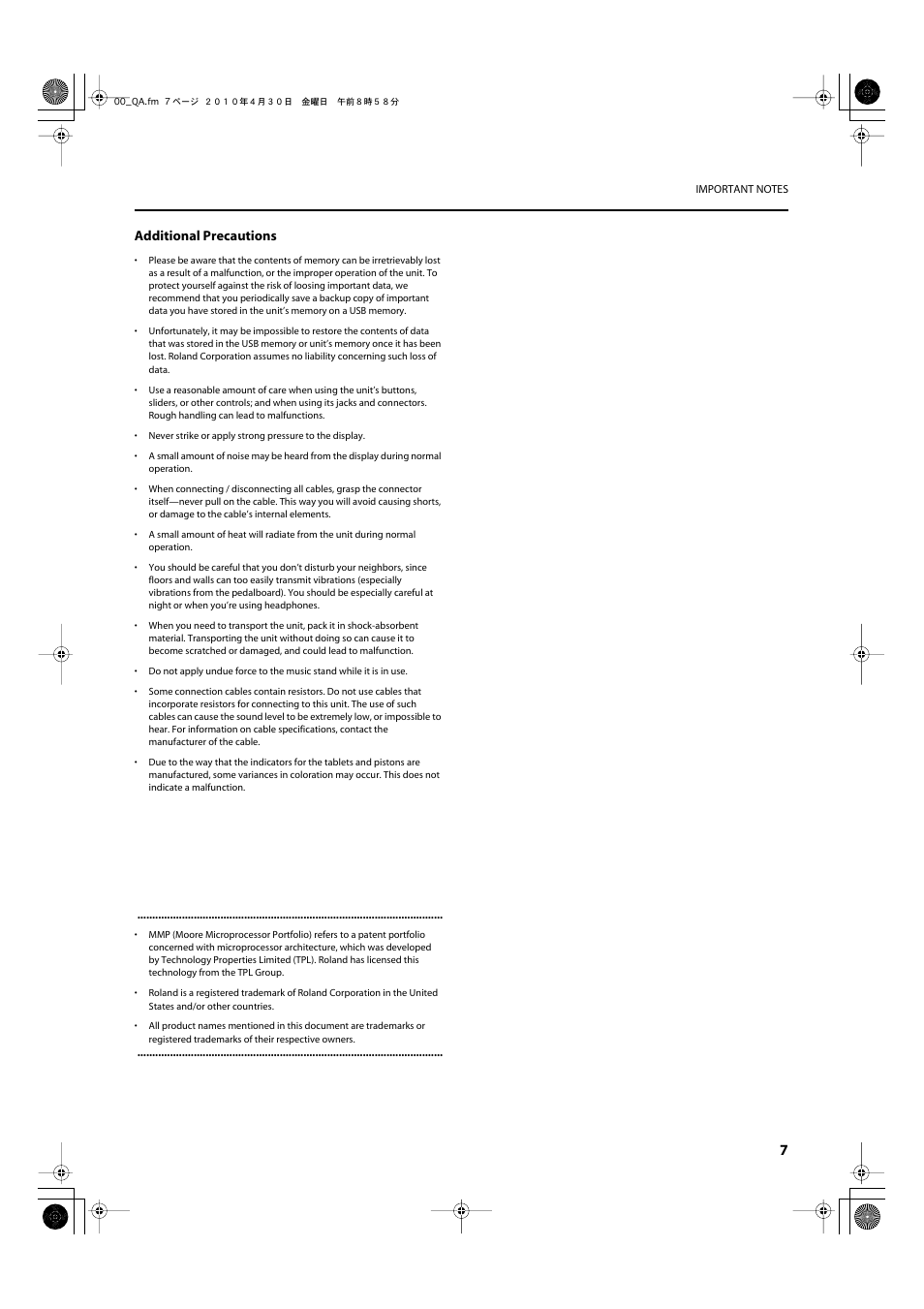 Additional precautions | Roland Classic Organ C-380 User Manual | Page 7 / 96