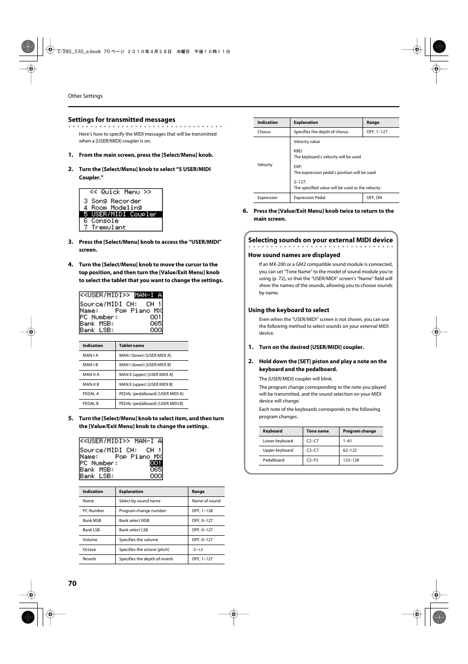 Settings for transmitted messages, Selecting sounds on your external midi device | Roland Classic Organ C-380 User Manual | Page 70 / 96