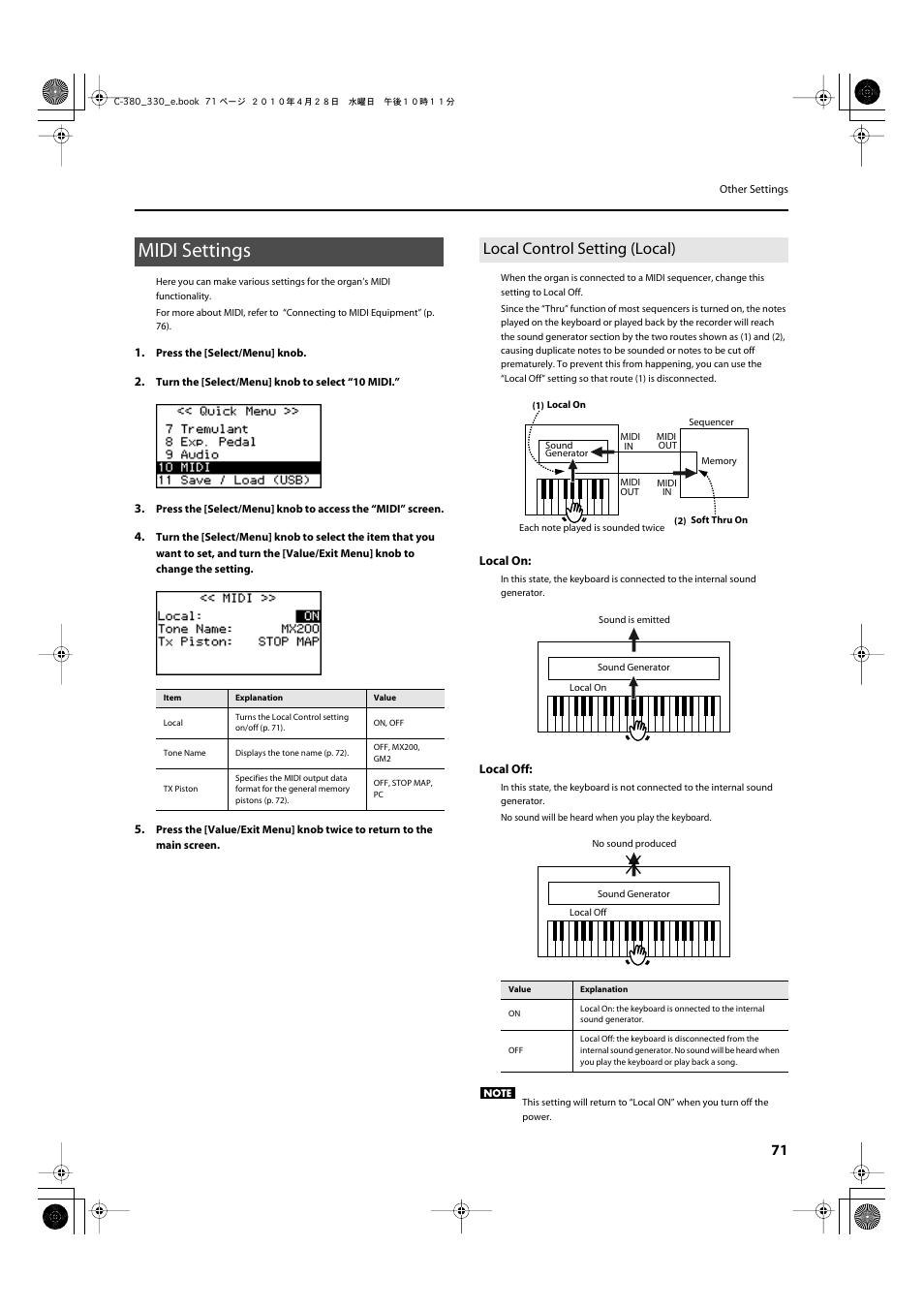 Midi settings, Local control setting (local) | Roland Classic Organ C-380 User Manual | Page 71 / 96