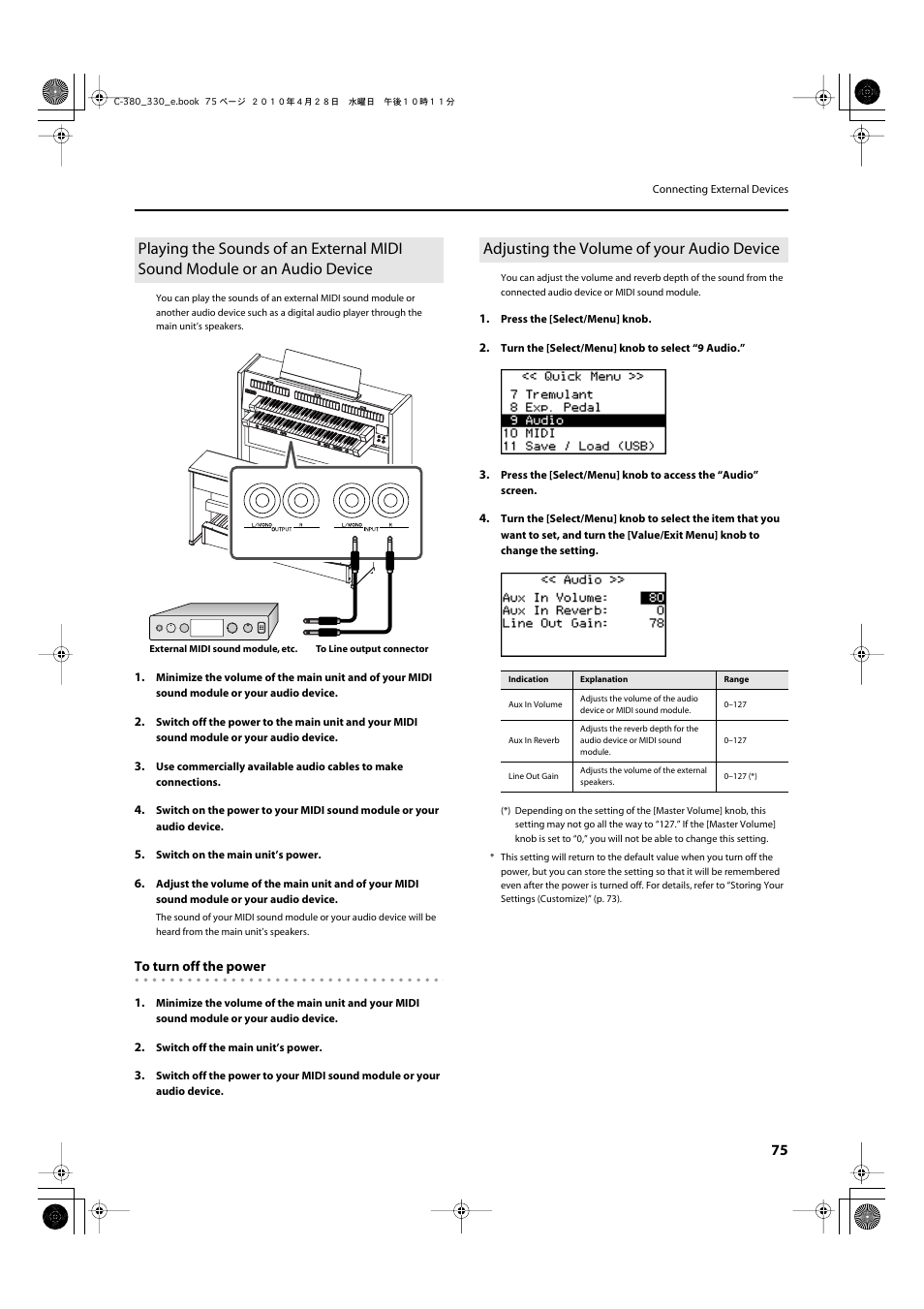 Adjusting the volume of your audio device | Roland Classic Organ C-380 User Manual | Page 75 / 96