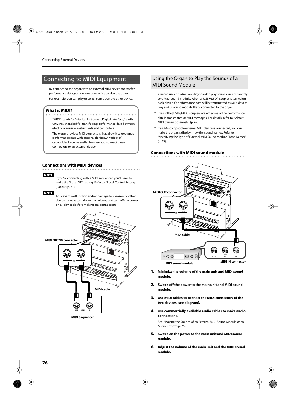 Connecting to midi equipment | Roland Classic Organ C-380 User Manual | Page 76 / 96